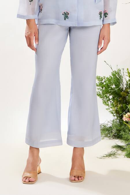 Meadow Blue Silk, Cotton, Organza Embroidery Flower Vine Hand Jacket And Pant Set at Aza Fashions Meadow_Blue Silk, Cotton, Organza Embroidery Flower Vine Hand Jacket And Pant Set _at_Aza_Fashions