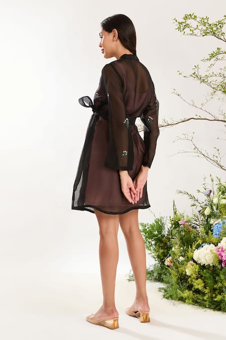 Shop Meadow Black Silk, Cotton, Organza Beads, Summer Floral Coat Dress With Belt at Aza Fashions Shop_Meadow_Black Silk, Cotton, Organza Beads, Summer Floral Coat Dress With Belt _at_Aza_Fashions