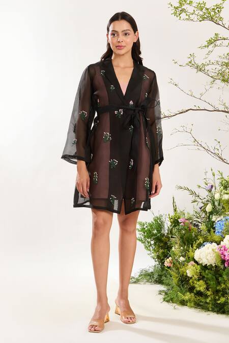 Meadow Black Silk, Cotton, Organza Beads, Summer Floral Coat Dress With Belt Online at Aza Fashions Meadow_Black Silk, Cotton, Organza Beads, Summer Floral Coat Dress With Belt _Online_at_Aza_Fashions