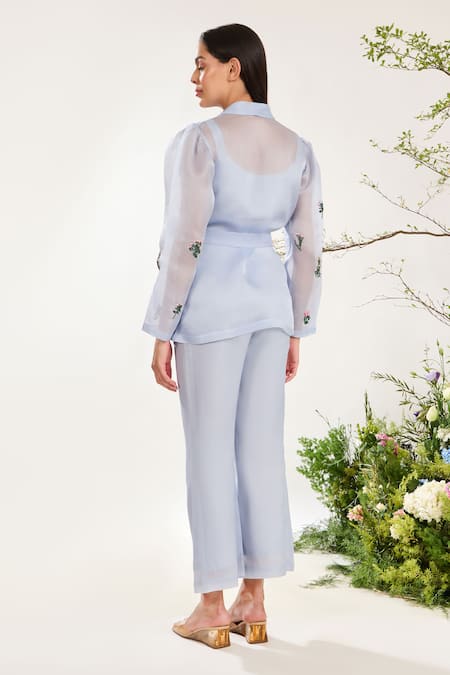 Shop Meadow Blue Silk, Cotton, Organza Embroidery Collared Floral Jacket at Aza Fashions Shop_Meadow_Blue Silk, Cotton, Organza Embroidery Collared Floral Jacket _at_Aza_Fashions