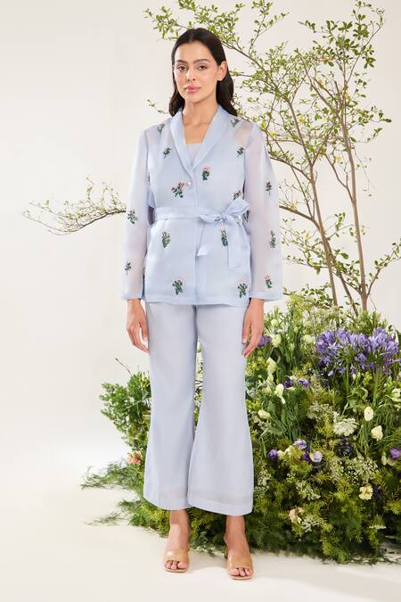 Meadow Blue Silk, Cotton, Organza Embroidery Collared Floral Jacket Online at Aza Fashions Meadow_Blue Silk, Cotton, Organza Embroidery Collared Floral Jacket _Online_at_Aza_Fashions