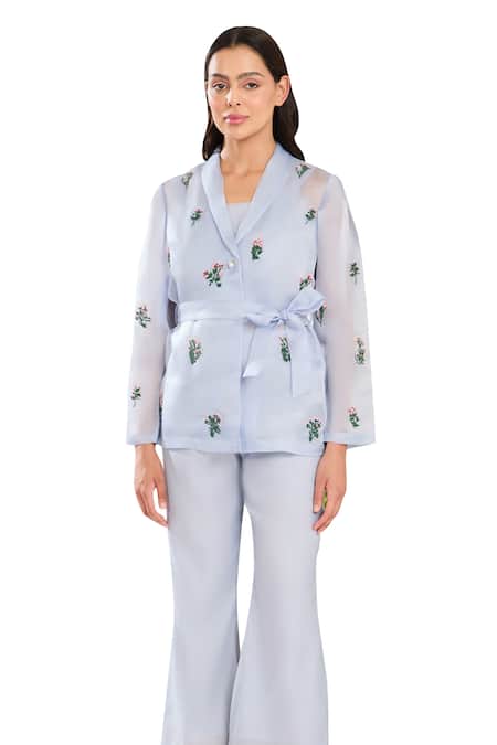 Buy Meadow Blue Silk, Cotton, Organza Embroidery Collared Floral Jacket Online at Aza Fashions Buy_Meadow_Blue Silk, Cotton, Organza Embroidery Collared Floral Jacket _Online_at_Aza_Fashions
