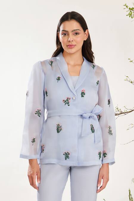 Meadow Blue Silk, Cotton, Organza Embroidery Collared Floral Jacket at Aza Fashions Meadow_Blue Silk, Cotton, Organza Embroidery Collared Floral Jacket _at_Aza_Fashions