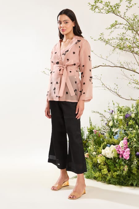 Shop_Meadow_Pink Silk, Cotton, Organza Beads Collared Floret Embroidered Jacket Pant Set _at_Aza_Fashions
