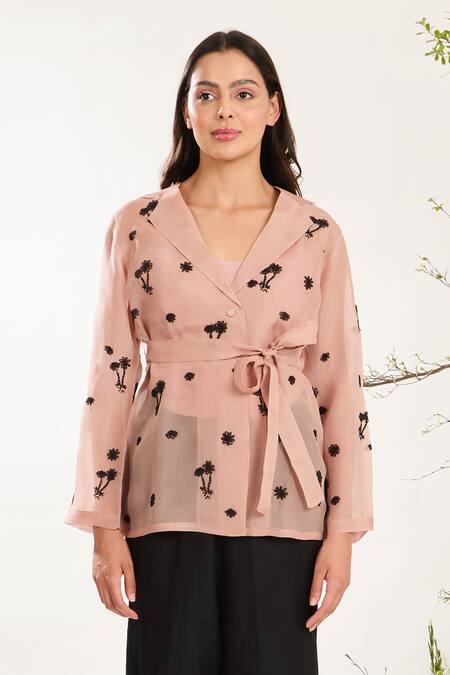 Meadow_Pink Silk, Cotton, Organza Beads Collared Floret Embroidered Jacket Pant Set _Online_at_Aza_Fashions