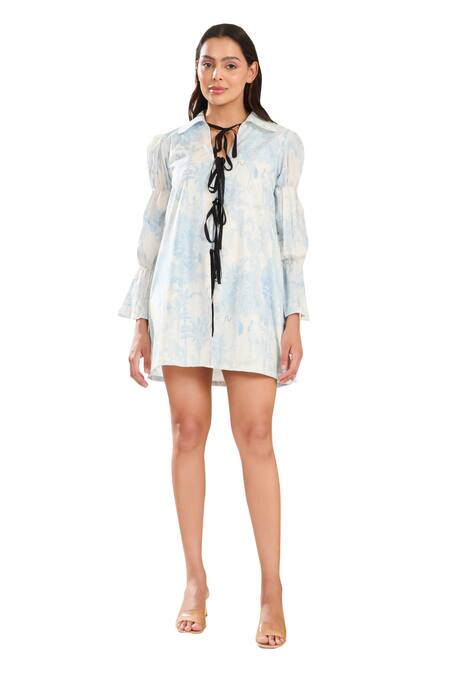 Shop Meadow Blue Cotton Collared Toile De Jouy Print Dress Online at Aza Fashions Shop_Meadow_Blue Cotton Collared Toile De Jouy Print Dress _Online_at_Aza_Fashions