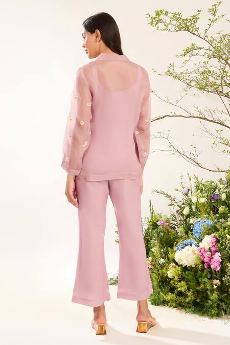 Shop Meadow Purple Silk Organza, Silk, Cotton Embroidery Collared Daisy Pant Set at Aza Fashions Shop_Meadow_Purple Silk Organza, Silk, Cotton Embroidery Collared Daisy Pant Set _at_Aza_Fashions