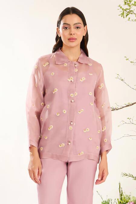 Meadow Purple Silk Organza, Silk, Cotton Embroidery Collared Daisy Pant Set Online at Aza Fashions Meadow_Purple Silk Organza, Silk, Cotton Embroidery Collared Daisy Pant Set _Online_at_Aza_Fashions