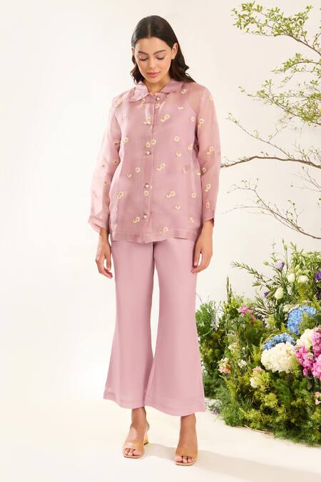 Shop Meadow Purple Silk Organza, Silk, Cotton Embroidery Collared Daisy Pant Set Online at Aza Fashions Shop_Meadow_Purple Silk Organza, Silk, Cotton Embroidery Collared Daisy Pant Set _Online_at_Aza_Fashions