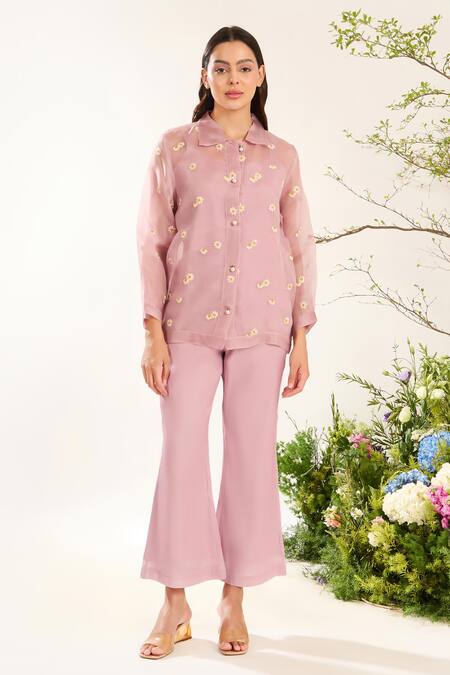 Meadow Purple Silk, Cotton, Organza Embroidery Collared Daisy Shirt Online at Aza Fashions Meadow_Purple Silk, Cotton, Organza Embroidery Collared Daisy Shirt _Online_at_Aza_Fashions