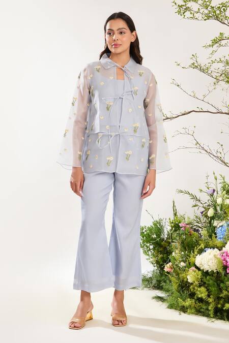 Meadow Blue Silk, Cotton, Organza Embroidery Collared Daisy Jacket Pant Set Online at Aza Fashions Meadow_Blue Silk, Cotton, Organza Embroidery Collared Daisy Jacket Pant Set _Online_at_Aza_Fashions