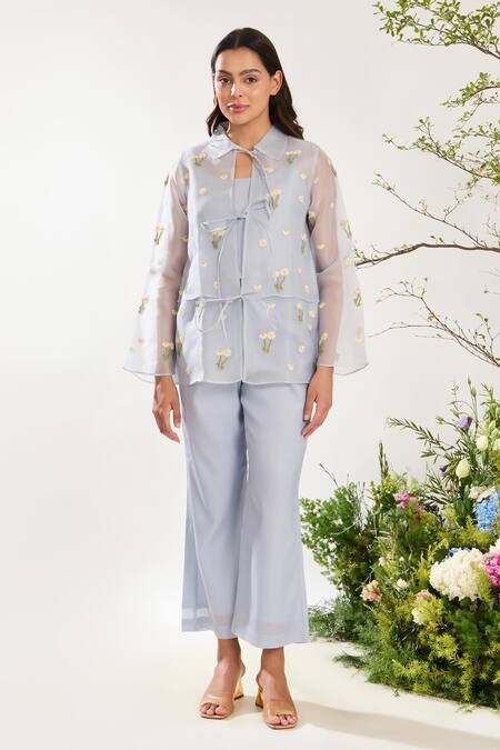Shop Meadow Blue Silk, Cotton, Organza Embroidery Collared Daisy Jacket Pant Set Online at Aza Fashions Shop_Meadow_Blue Silk, Cotton, Organza Embroidery Collared Daisy Jacket Pant Set _Online_at_Aza_Fashions