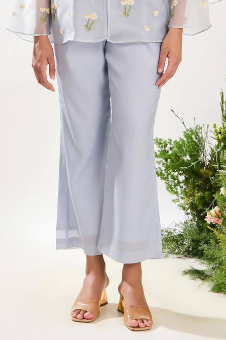 Meadow Blue Silk, Cotton, Organza Embroidery Collared Daisy Jacket Pant Set at Aza Fashions Meadow_Blue Silk, Cotton, Organza Embroidery Collared Daisy Jacket Pant Set _at_Aza_Fashions