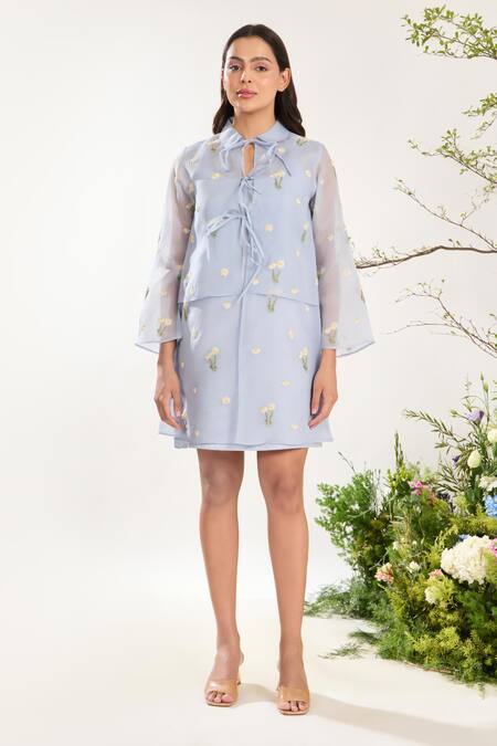 Meadow Blue Silk, Cotton, Organza Embroidery Collared Daisy Dress Online at Aza Fashions Meadow_Blue Silk, Cotton, Organza Embroidery Collared Daisy Dress _Online_at_Aza_Fashions