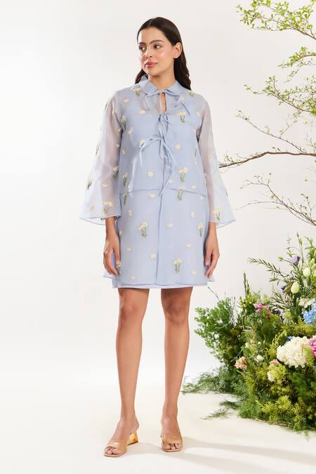 Shop Meadow Blue Silk, Cotton, Organza Embroidery Collared Daisy Dress Online at Aza Fashions Shop_Meadow_Blue Silk, Cotton, Organza Embroidery Collared Daisy Dress _Online_at_Aza_Fashions