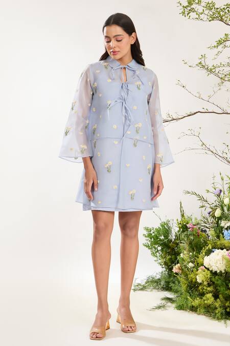 Meadow Blue Silk, Cotton, Organza Embroidery Collared Daisy Dress at Aza Fashions Meadow_Blue Silk, Cotton, Organza Embroidery Collared Daisy Dress _at_Aza_Fashions