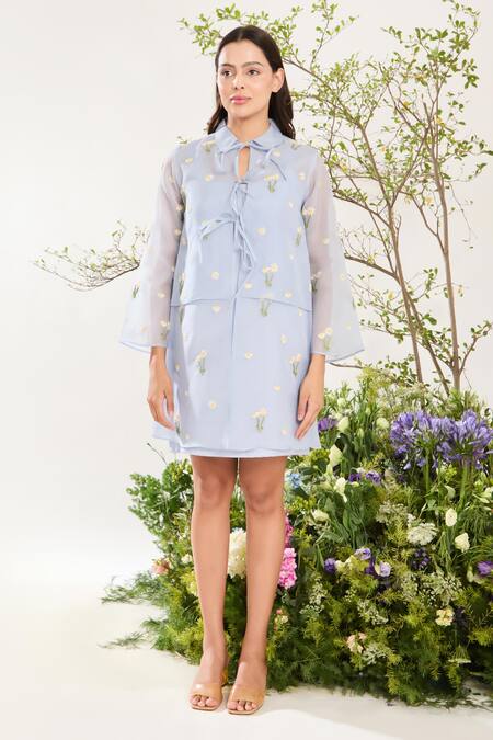 Buy Meadow Blue Silk, Cotton, Organza Embroidery Collared Daisy Dress Buy_Meadow_Blue Silk, Cotton, Organza Embroidery Collared Daisy Dress