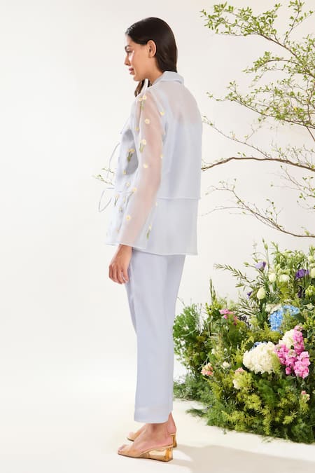 Shop Meadow Blue Silk, Cotton, Organza Embroidery Collared Daisy Jacket at Aza Fashions Shop_Meadow_Blue Silk, Cotton, Organza Embroidery Collared Daisy Jacket _at_Aza_Fashions