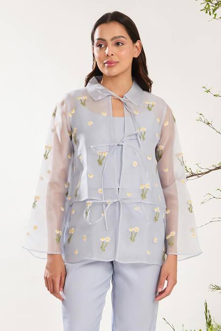 Meadow Blue Silk, Cotton, Organza Embroidery Collared Daisy Jacket Online at Aza Fashions Meadow_Blue Silk, Cotton, Organza Embroidery Collared Daisy Jacket _Online_at_Aza_Fashions