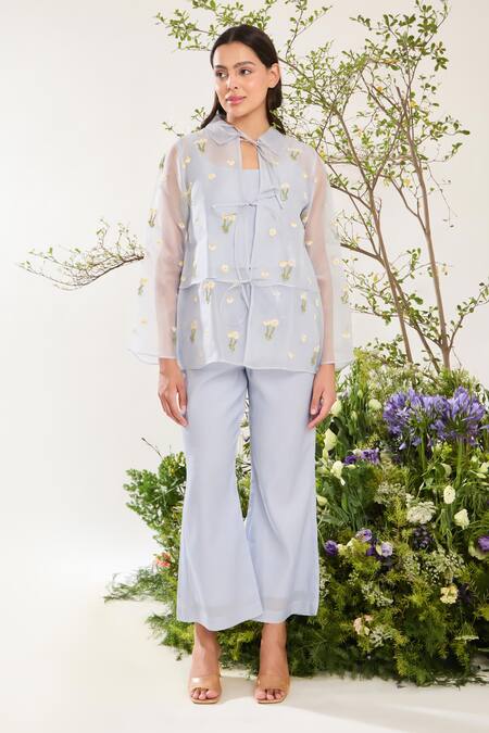 Buy Meadow Blue Silk, Cotton, Organza Embroidery Collared Daisy Jacket Online at Aza Fashions Buy_Meadow_Blue Silk, Cotton, Organza Embroidery Collared Daisy Jacket _Online_at_Aza_Fashions