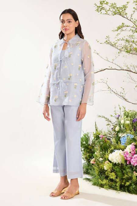 Meadow Blue Silk, Cotton, Organza Embroidery Collared Daisy Jacket at Aza Fashions Meadow_Blue Silk, Cotton, Organza Embroidery Collared Daisy Jacket _at_Aza_Fashions
