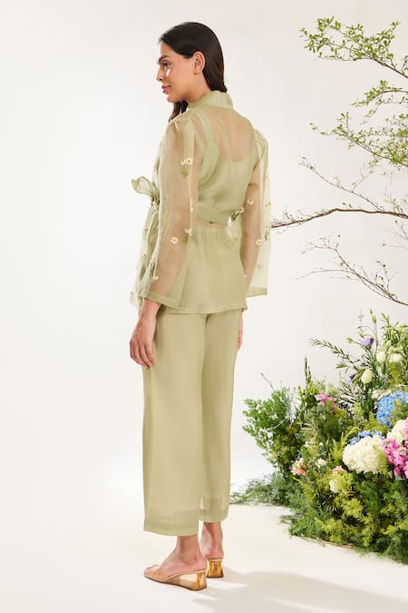Shop Meadow Green Silk, Cotton, Organza Embroidery V-neck Floral Hand Jacket Pant Set at Aza Fashions Shop_Meadow_Green Silk, Cotton, Organza Embroidery V-neck Floral Hand Jacket Pant Set _at_Aza_Fashions