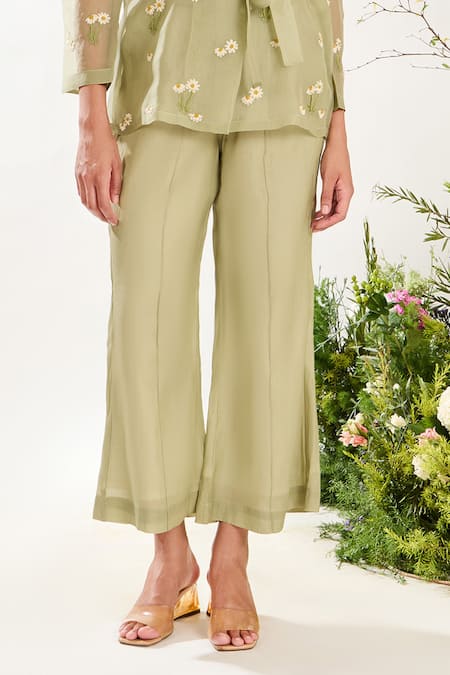 Meadow Green Silk, Cotton, Organza Embroidery V-neck Floral Hand Jacket Pant Set Online at Aza Fashions Meadow_Green Silk, Cotton, Organza Embroidery V-neck Floral Hand Jacket Pant Set _Online_at_Aza_Fashions