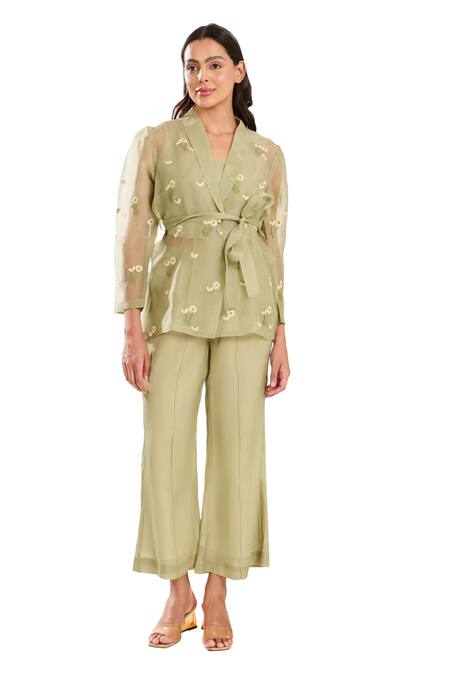 Buy Meadow Green Silk, Cotton, Organza Embroidery V-neck Floral Hand Jacket Pant Set Online at Aza Fashions Buy_Meadow_Green Silk, Cotton, Organza Embroidery V-neck Floral Hand Jacket Pant Set _Online_at_Aza_Fashions
