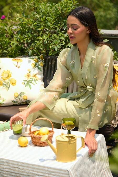 Buy Meadow Green Silk, Cotton, Organza Embroidery V-neck Floral Hand Jacket Pant Set Buy_Meadow_Green Silk, Cotton, Organza Embroidery V-neck Floral Hand Jacket Pant Set