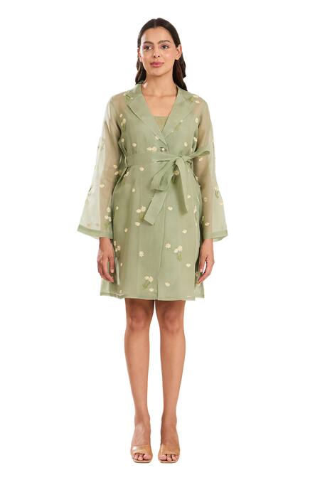 Shop Meadow Green Silk Organza Embroidery Collared Floral Hand Dress Online at Aza Fashions Shop_Meadow_Green Silk Organza Embroidery Collared Floral Hand Dress _Online_at_Aza_Fashions