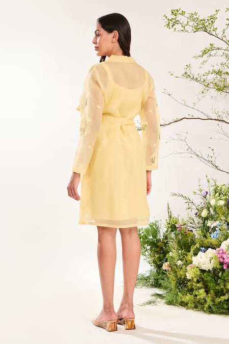 Shop_Meadow_Yellow Silk Organza Embroidery Collared Floral Hand Sheer Dress _at_Aza_Fashions