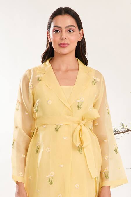 Meadow_Yellow Silk Organza Embroidery Collared Floral Hand Sheer Dress _Online_at_Aza_Fashions