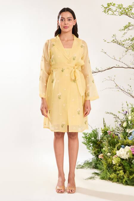 Buy_Meadow_Yellow Silk Organza Embroidery Collared Floral Hand Sheer Dress _Online_at_Aza_Fashions