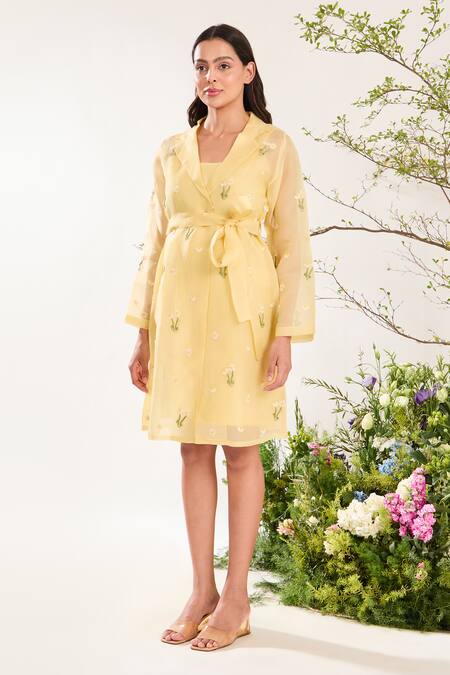 Meadow Yellow Silk, Cotton, Organza Embroidery Collared Floral Hand Short Sheer Dress Online at Aza Fashions Meadow_Yellow Silk, Cotton, Organza Embroidery Collared Floral Hand Short Sheer Dress _Online_at_Aza_Fashions