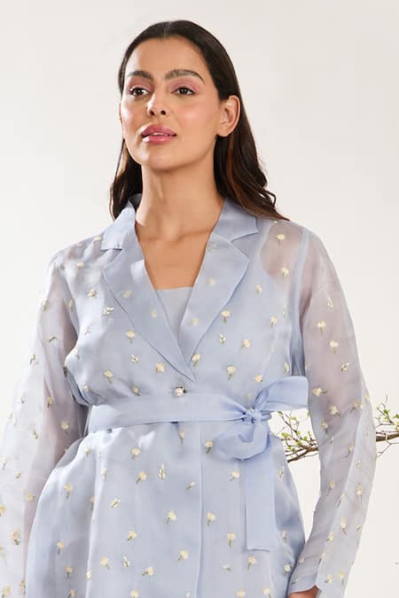 Meadow Blue , Cotton, Organza Embroidery V-neck Floral Hand Sheer Jacket Online at Aza Fashions Meadow_Blue , Cotton, Organza Embroidery V-neck Floral Hand Sheer Jacket _Online_at_Aza_Fashions