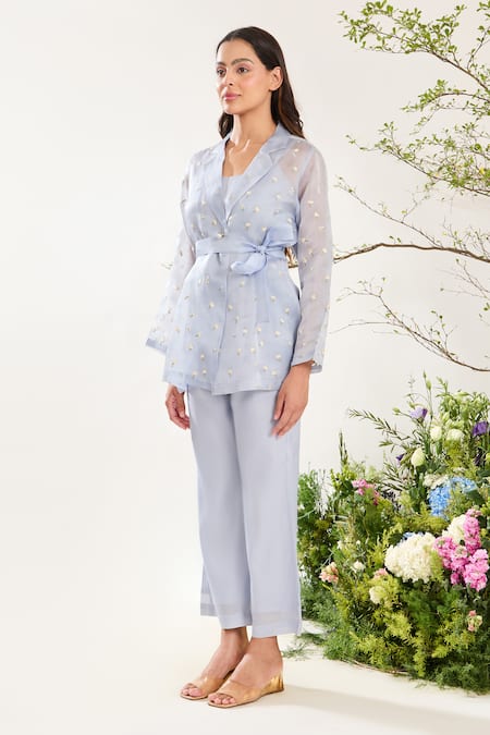 Buy Meadow Blue , Cotton, Organza Embroidery V-neck Floral Hand Sheer Jacket Online at Aza Fashions Buy_Meadow_Blue , Cotton, Organza Embroidery V-neck Floral Hand Sheer Jacket _Online_at_Aza_Fashions