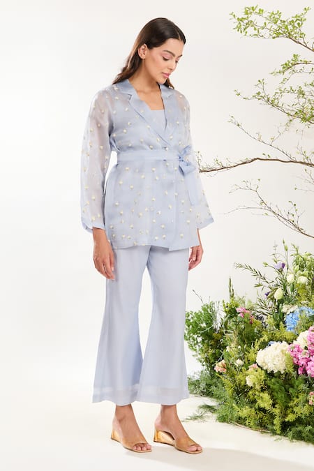 Shop Meadow Blue , Cotton, Organza Embroidery V-neck Floral Hand Sheer Jacket Online at Aza Fashions Shop_Meadow_Blue , Cotton, Organza Embroidery V-neck Floral Hand Sheer Jacket _Online_at_Aza_Fashions