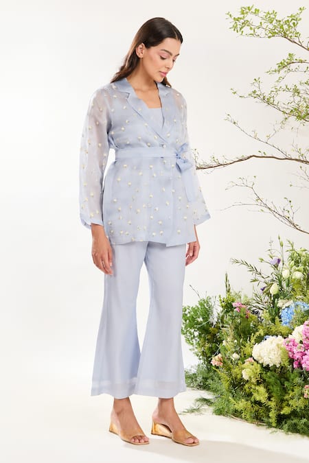 Meadow Floral Hand Embroidered Sheer Jacket Pant Set 