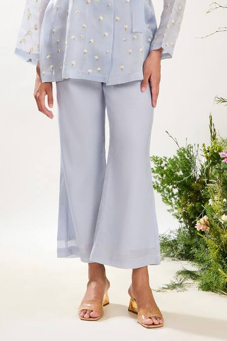 Meadow_Blue Silk, Cotton, Organza Embroidery V-neck Floral Hand Sheer Jacket Pant Set _Online_at_Aza_Fashions