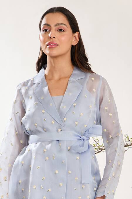 Buy_Meadow_Blue Silk, Cotton, Organza Embroidery V-neck Floral Hand Sheer Jacket Pant Set _Online_at_Aza_Fashions
