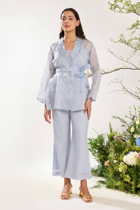 Shop_Meadow_Blue Silk, Cotton, Organza Embroidery V-neck Floral Hand Sheer Jacket Pant Set _Online_at_Aza_Fashions