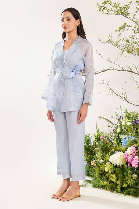 Meadow_Blue Silk, Cotton, Organza Embroidery V-neck Floral Hand Sheer Jacket Pant Set _at_Aza_Fashions