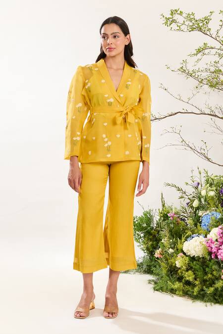 Meadow_Yellow Silk Organza, Silk, Cotton Embroidery V-neck Hand Jacket _Online_at_Aza_Fashions
