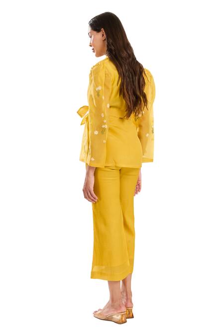 Meadow_Yellow Silk Organza, Silk, Cotton Embroidery V-neck Hand Jacket _at_Aza_Fashions
