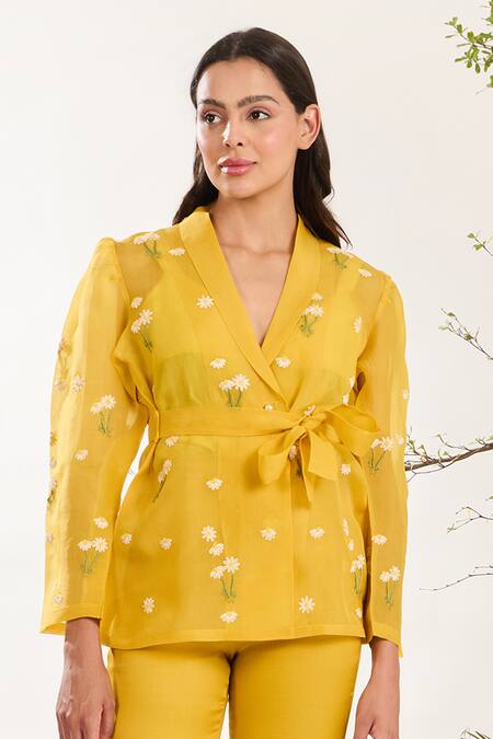 Meadow_Yellow Silk, Cotton, Organza Embroidery V-neck Hand Jacket Pant Set _Online_at_Aza_Fashions