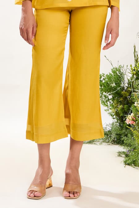 Buy_Meadow_Yellow Silk, Cotton, Organza Embroidery V-neck Hand Jacket Pant Set _Online_at_Aza_Fashions