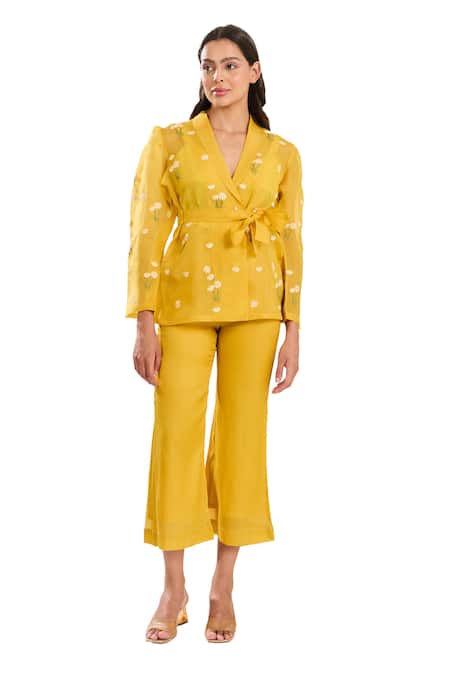 Shop_Meadow_Yellow Silk, Cotton, Organza Embroidery V-neck Hand Jacket Pant Set _Online_at_Aza_Fashions