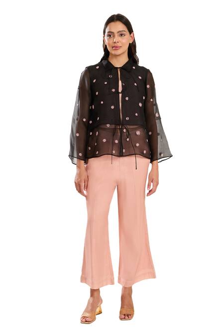 Buy_Meadow_Black , Cotton, Organza Embroidery Collared Sheer Floral Hand Jacket _Online_at_Aza_Fashions