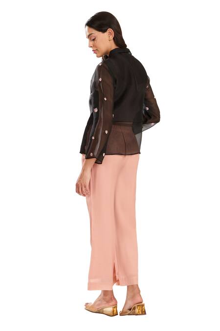 Shop_Meadow_Black , Cotton, Organza Embroidery Collared Sheer Floral Hand Jacket _Online_at_Aza_Fashions