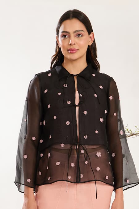 Buy_Meadow_Black Silk Organza, Silk, Cotton Embroidery Sheer Floral Hand Jacket Pant Set _Online_at_Aza_Fashions